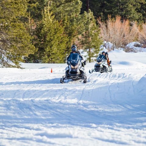 a group of people riding skis down a snow covered slope