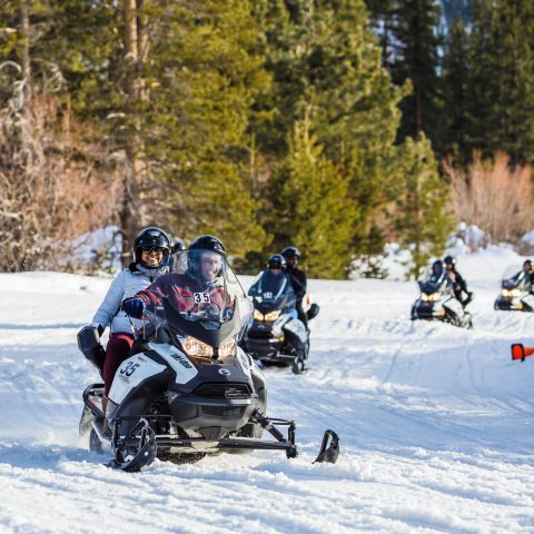 a group of people riding skis down a snow covered slope